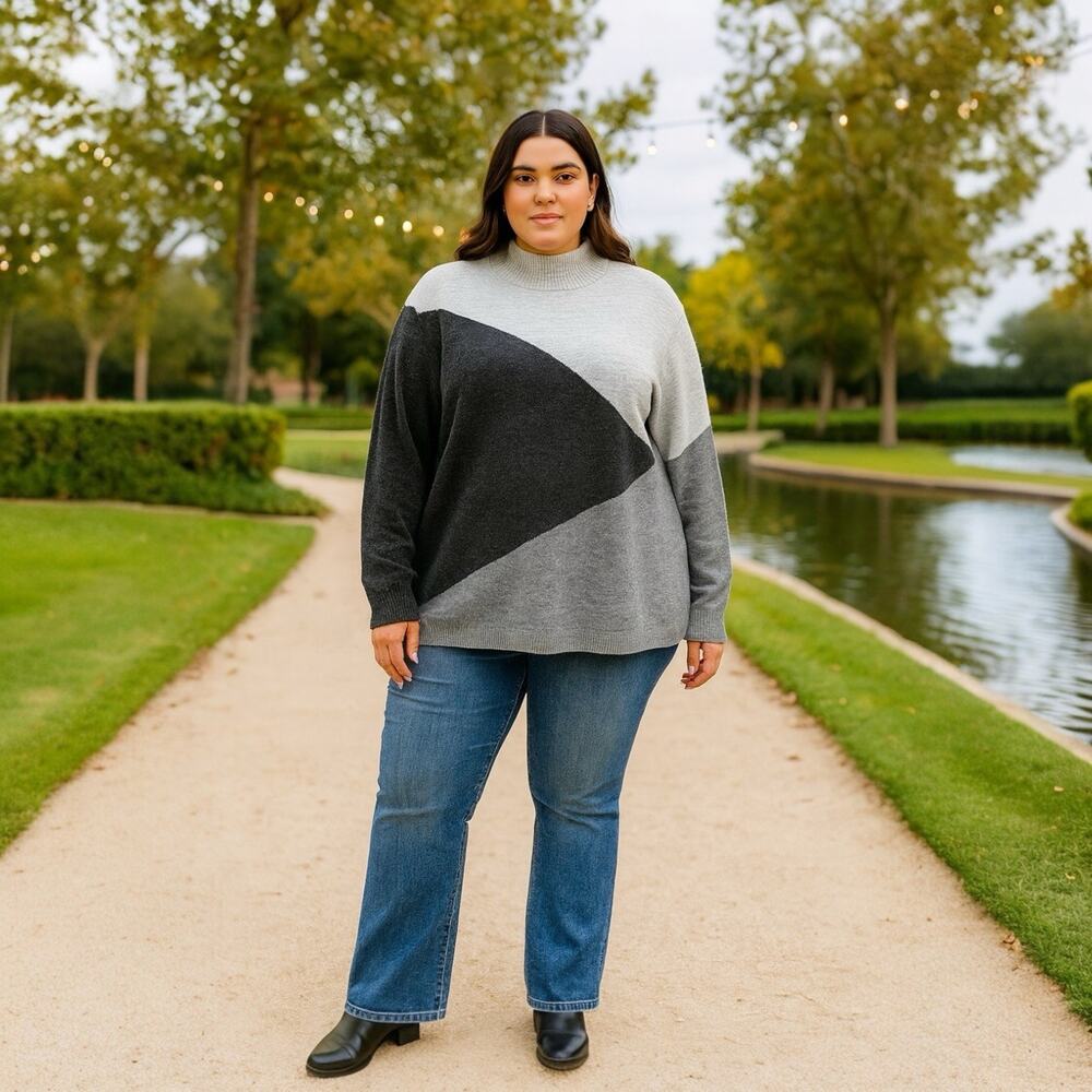 NWT Chico’s Sweater Sz 4 (2X) ColorBlock Mystic Heather Mock Neck Long Sleeve